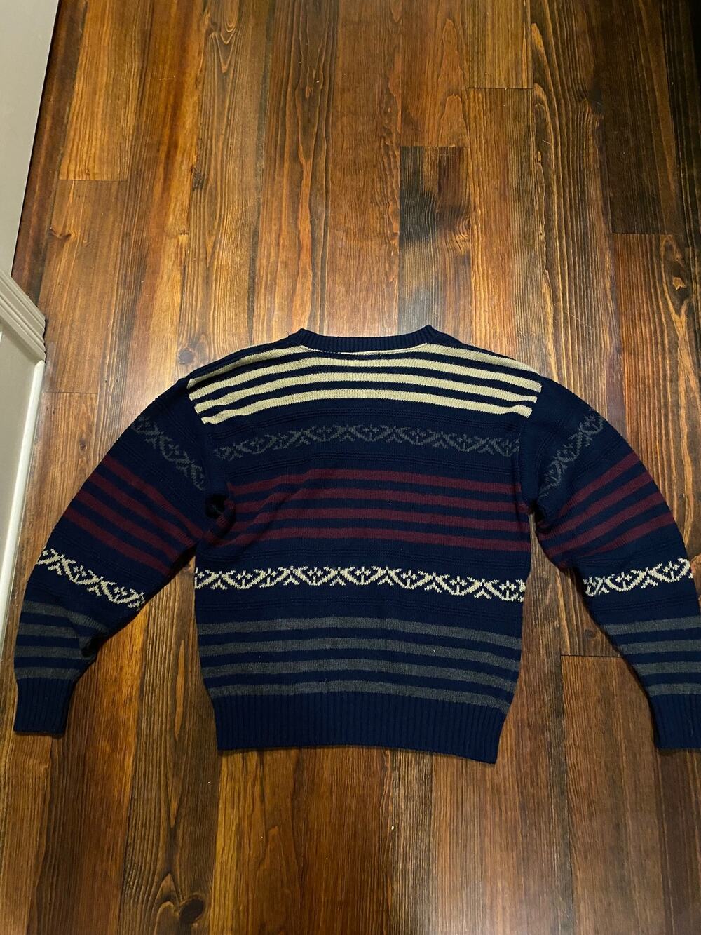 Vintage Style Navy Fair Isle Striped Knit Crewneck Sweater Burgundy Tan Gray